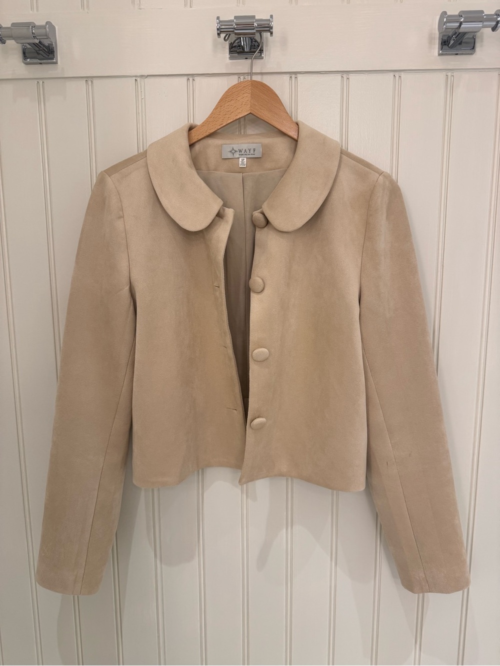 Wayf Beige Suede Rounded-Collar Button Jacket